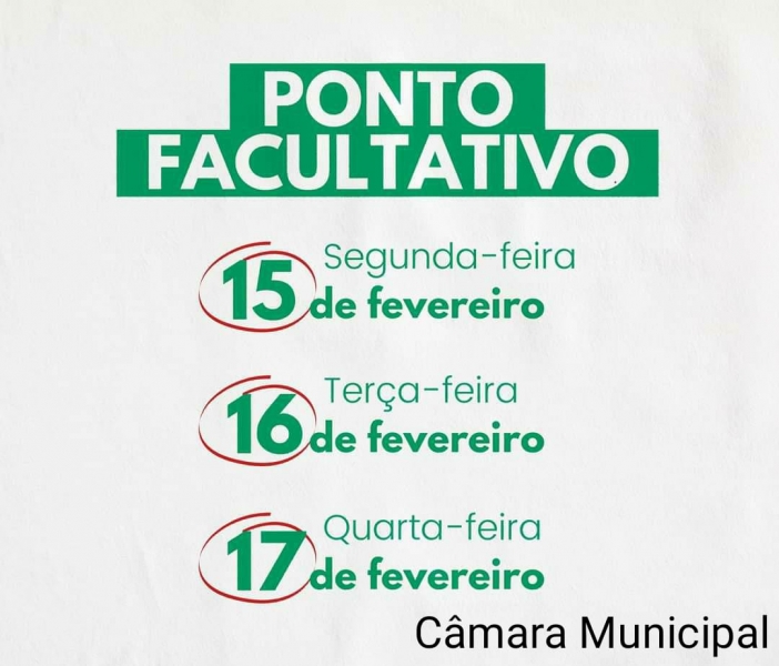 Ponto Facultativo nos dias 15, 16 e 17 de fevereiro de 2021